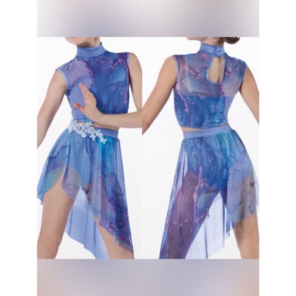 Weissman dance costume 2 piece mesh top skirt Blue tie-dye 14113 LC-large child